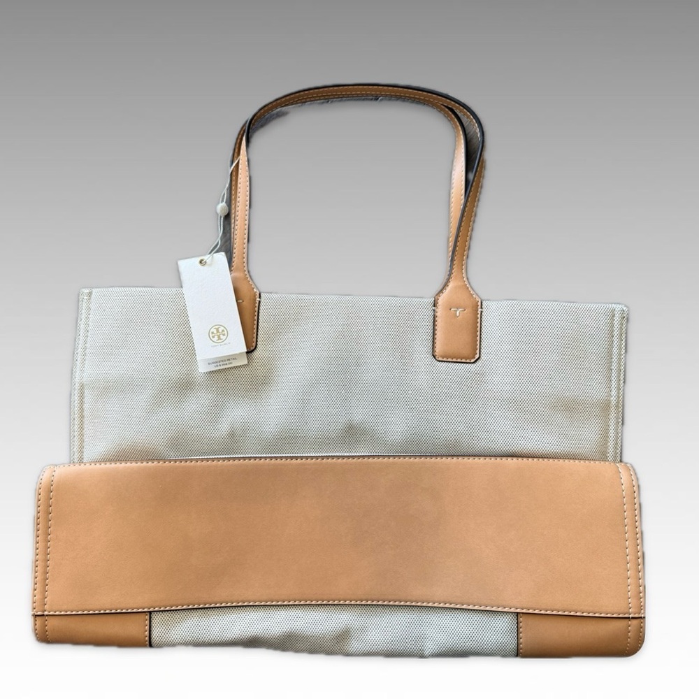 New ! Tory Burch Ella Tote Bag Multi-COLOR Beige Large 17X13" canvas - Picture 2 of 9